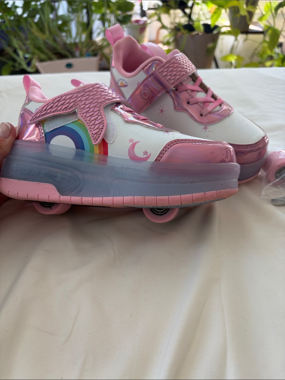 Girls Pink Rainbow Light-Up Roller Shoes with Moon & Stars
